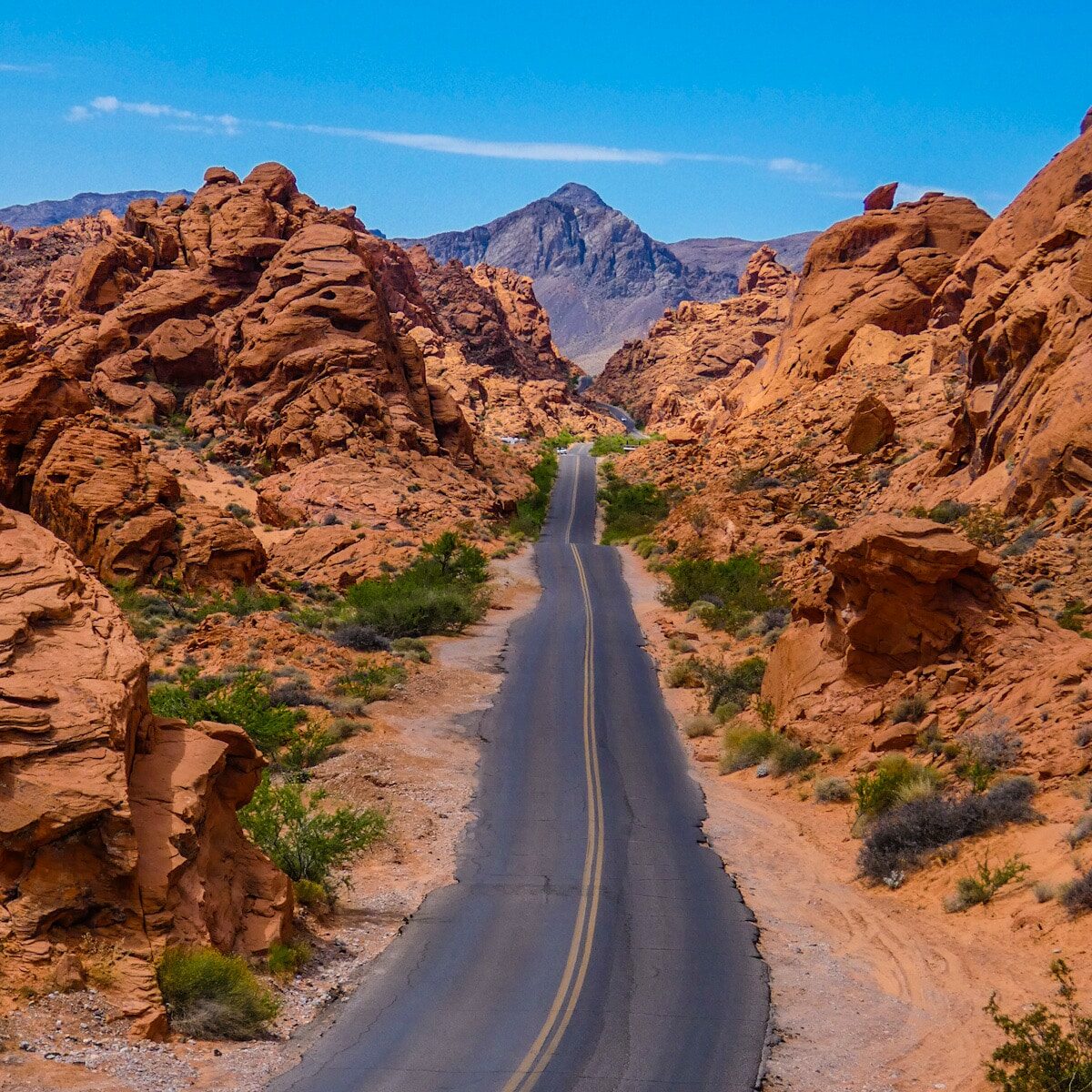 A long tarmac road lined with unusual red rock formations disappears into the distance with a backdrop of mountains behind it. This road is located in the Valley of fire in Nevada, USA.