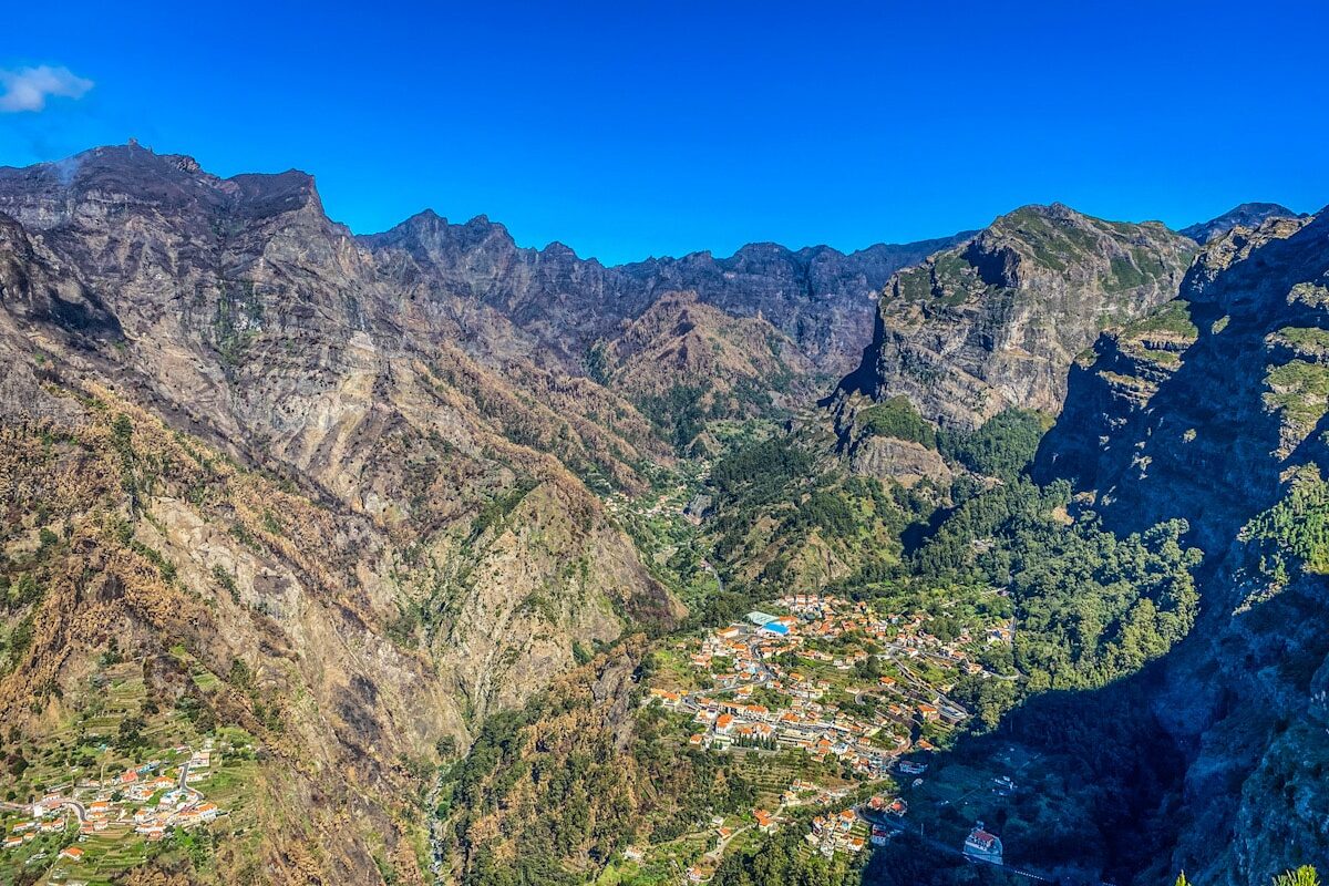 A spectacular view of mountain peaks with bright blue sky. Below is a small village in the valley surrounded by the towering green and brown mountains.