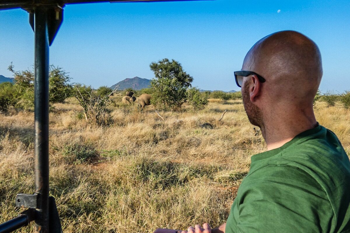 A man looks out into the bush on a safari in south Africa, watching some elephants in the distance. The man is sat in an open safari truck.