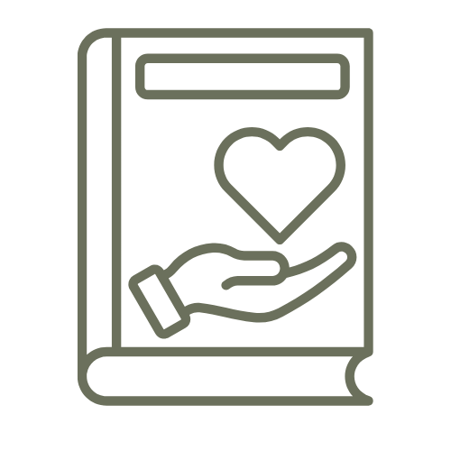 A green icon of a book with a hand holding a heart in its palm