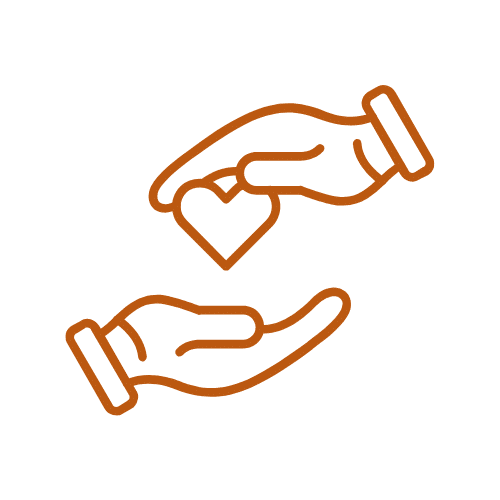 An icon showing one hand passing another hand a heart, to signify giving back